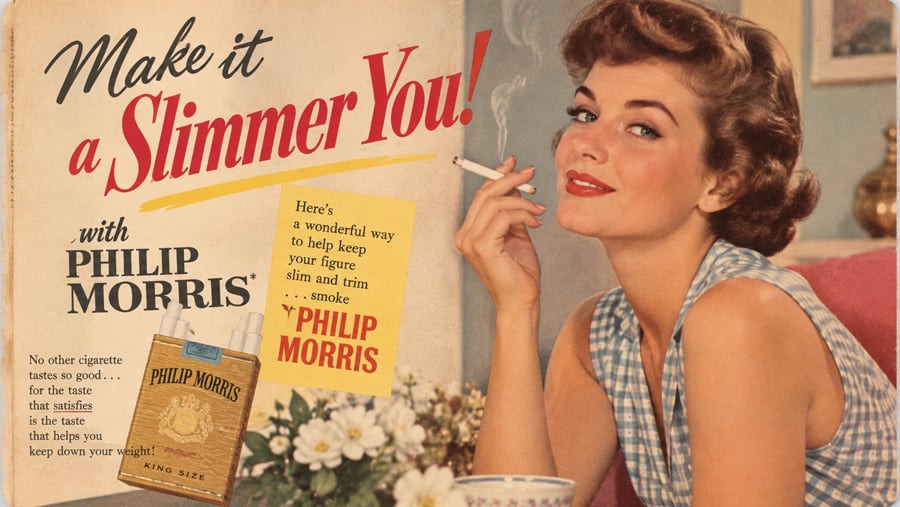A vintage ad shows a woman in a blue checkered dress holding a cigarette, smiling. The text promotes Philip Morris cigarettes as a way to stay slim. A floral arrangement and a pack of cigarettes are on the table.