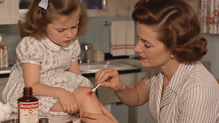A woman applies medicine to a young girl’s scraped knee in a kitchen. The girl looks upset while the woman carefully tends to the wound. A bottle labeled “Mercurochrome” sits on the counter.