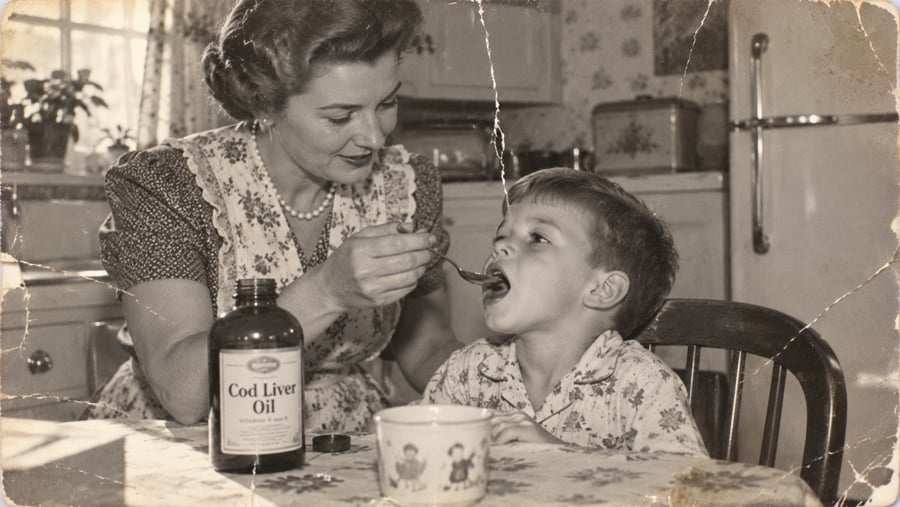 A woman in a vintage kitchen feeds a young boy a spoonful of cod liver oil. The boy sits at the table with his mouth open, and a large bottle labeled “Cod Liver Oil” sits beside them.