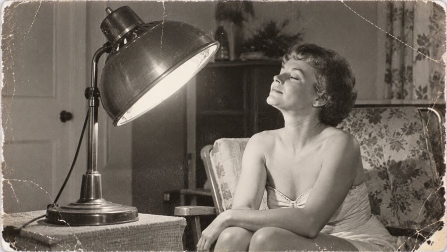 A woman in a slip relaxes on a floral armchair, eyes closed and smiling, basking under the light of a large vintage lamp in a room with vintage décor. The photo has a faded, worn look.