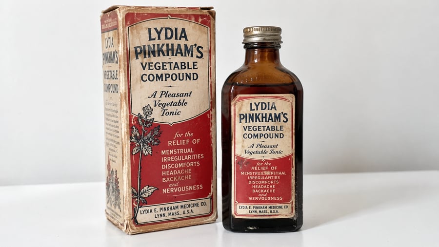 A glass bottle and box of Lydia Pinkham’s Vegetable Compound, labeled as a remedy for menstrual issues, headaches, and backache, with vintage-style red, cream, and black text and designs.