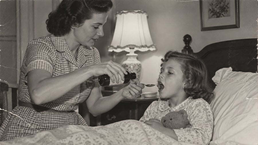 A woman in a checkered dress pours medicine onto a spoon for a young girl lying in bed holding a teddy bear. A lit lamp and framed picture are visible in the background. The image is in black and white.