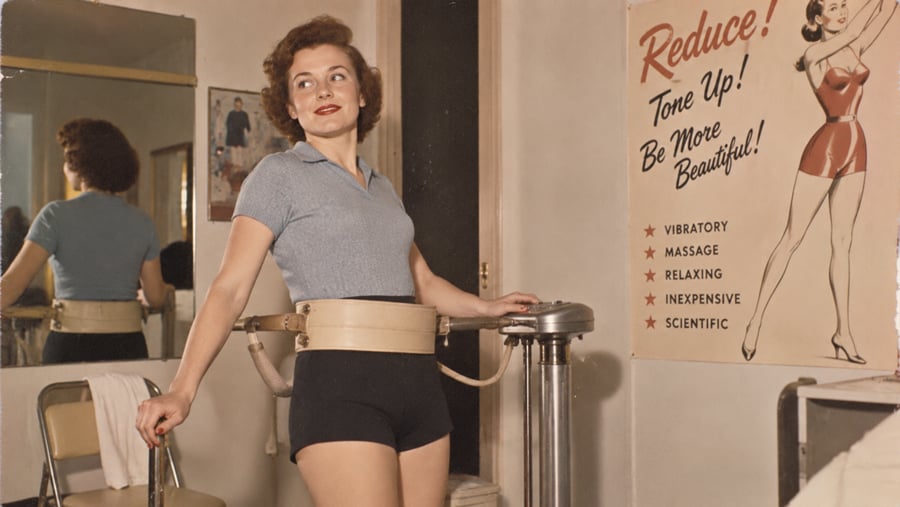 A woman in vintage workout attire uses a vibrating belt machine in a retro gym, with a “Reduce! Tone Up! Be More Beautiful!” poster and a mirror in the background.