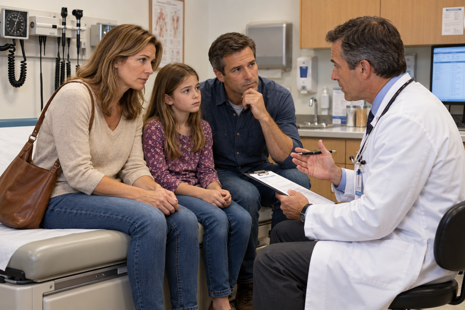 A doctor speaks with concerned parents and their young daughter during an appointment in an exam room.