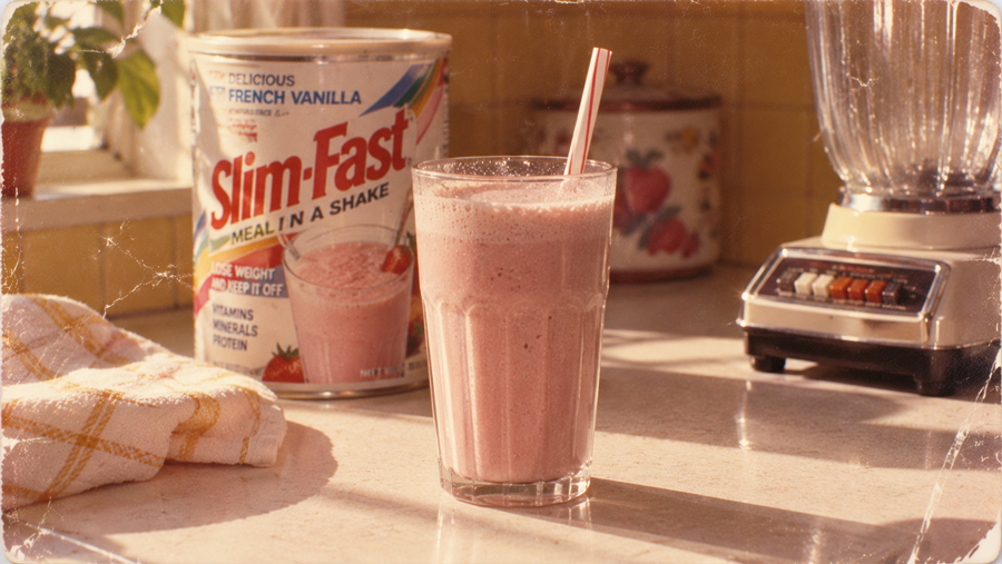 A glass of pink Slim-Fast shake with a straw sits on a kitchen counter next to a canister of Slim-Fast powder, a blender, and a yellow dish towel.