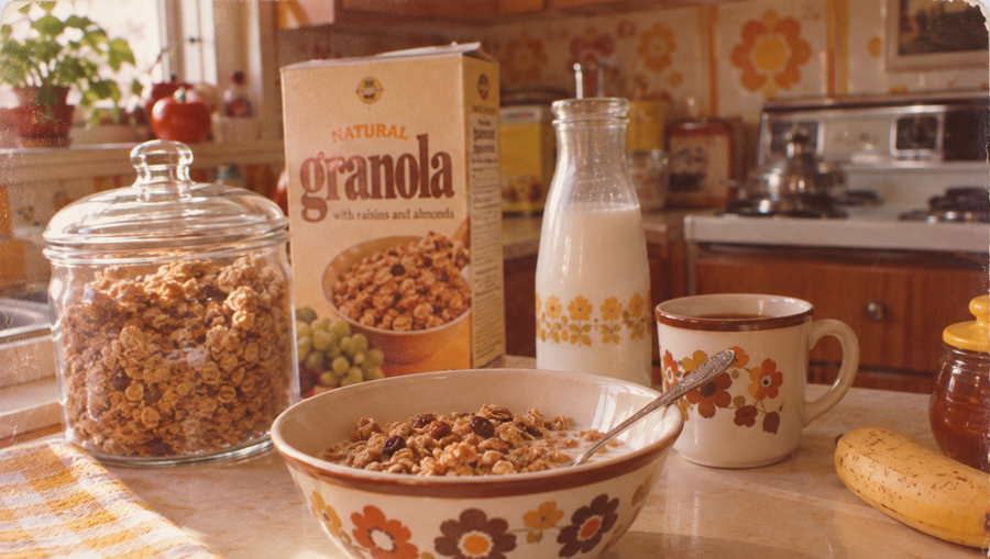 A bowl of granola with raisins, a spoon, a glass milk bottle, a mug, a granola box, a jar of granola, a banana, and a honey jar on a kitchen counter with retro decor.