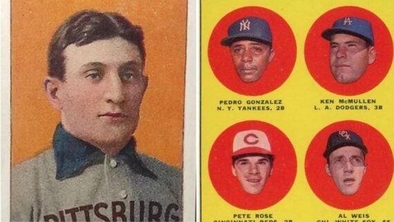 Split image showing a vintage baseball card of a Pittsburgh player on the left, and a 1960s baseball card featuring portraits of Pedro Gonzalez, Ken McMullen, Pete Rose, and Al Weis on the right.