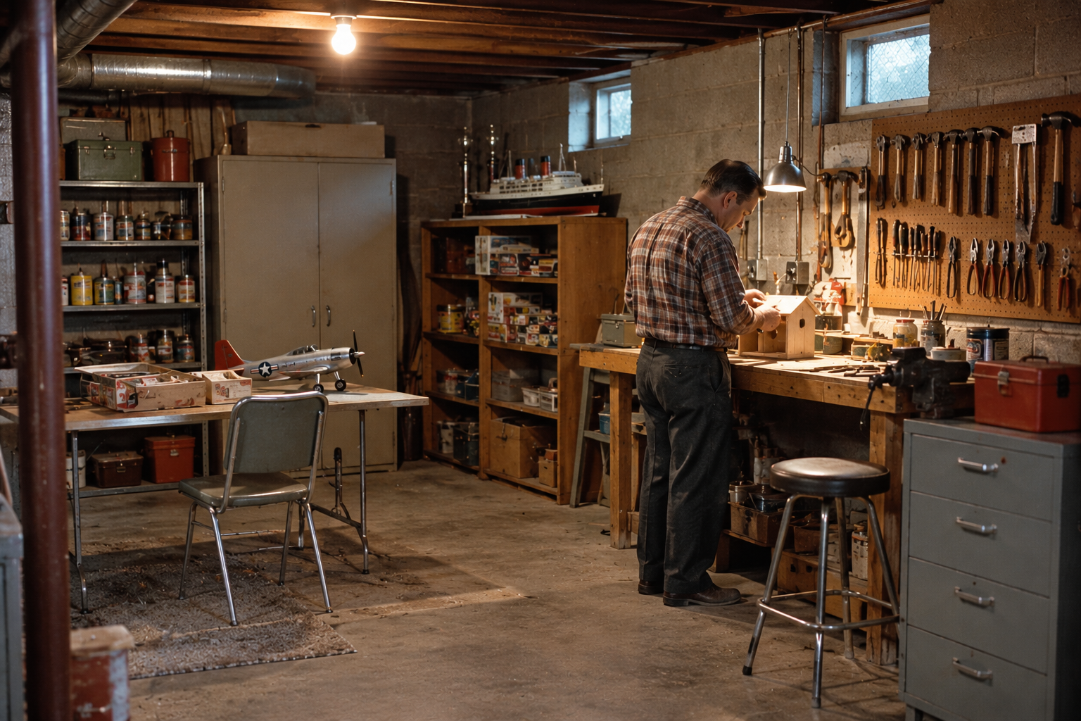 A man in a plaid shirt works on a wooden birdhouse at a basement workbench filled with tools.