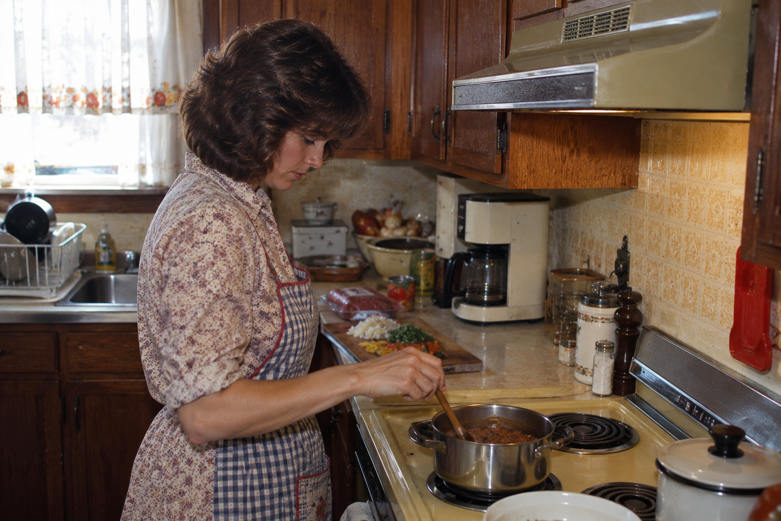 A woman in a floral print blouse and a blue gingham apron stirs food in a pot on a stovetop.