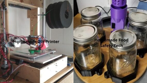 A split image showing a homemade 3D printer on the left and several glass jars held in custom-printed mounts on the right.