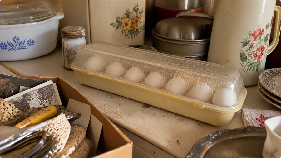 A yellow plastic egg holder with six white eggs sits on a kitchen counter, surrounded by vintage kitchenware, floral tins, and a box of assorted small items.