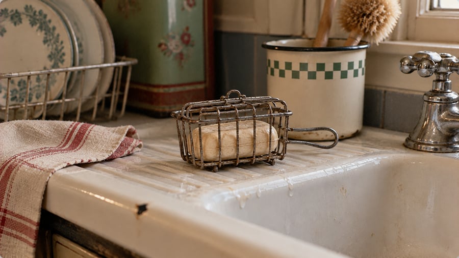 A vintage wire soap holder with a bar of soap sits on a wet sink beside a striped towel, faucet, and dishes in a drying rack.