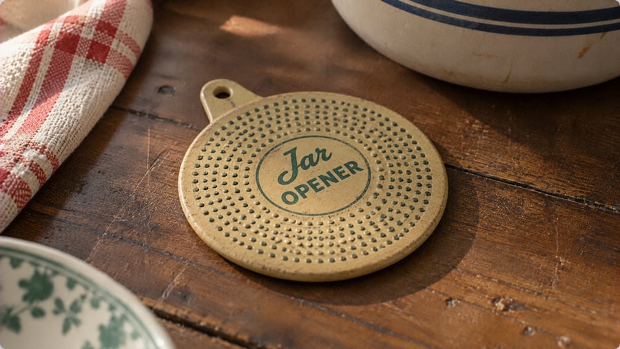 A round, perforated metal jar opener labeled “Jar Opener” in green text sits on a wooden table near a checkered cloth and ceramic dishes.