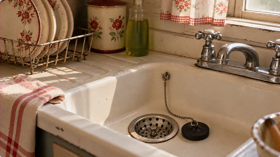 Vintage kitchen sink with a red-checked towel, floral plates in a rack, a bottle of dish soap, and floral canisters on the counter. Sunlight streams through a window with floral curtains above the sink.