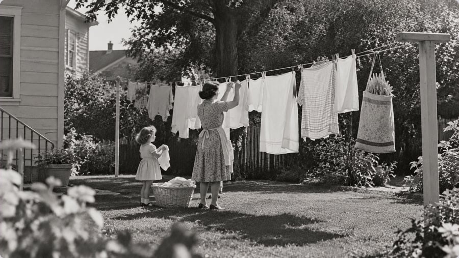 A woman hangs laundry on a clothesline in a sunny yard while a young girl stands nearby with a basket of clothes. Tall trees and house in the background.
