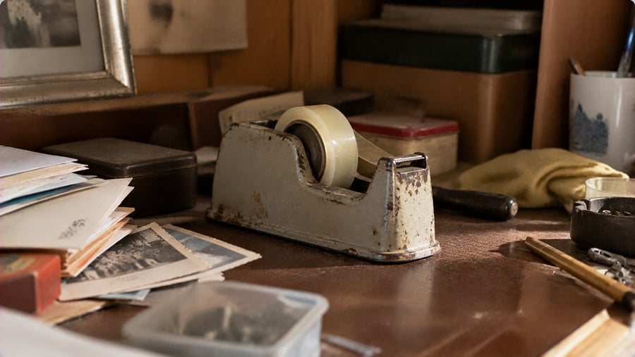 A close-up of a cluttered desk with a rusty tape dispenser, stacks of papers, a pencil, a cup, and various containers in a warmly lit room.