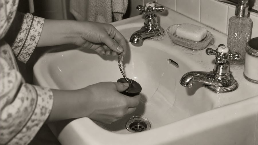 A person in patterned sleeves places a plug attached to a chain into a white ceramic sink with separate hot and cold taps, a bar of soap, and a glass soap dispenser visible on the sink ledge.