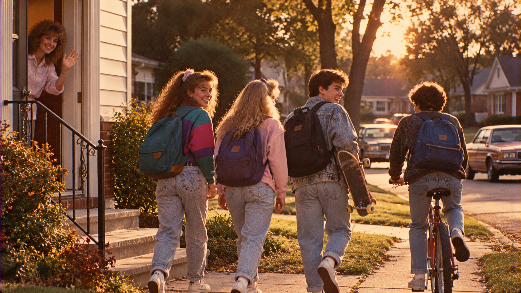 A woman waves from a doorway as four teenagers walk down a sidewalk, with one riding a bicycle and another carrying a skateboard.