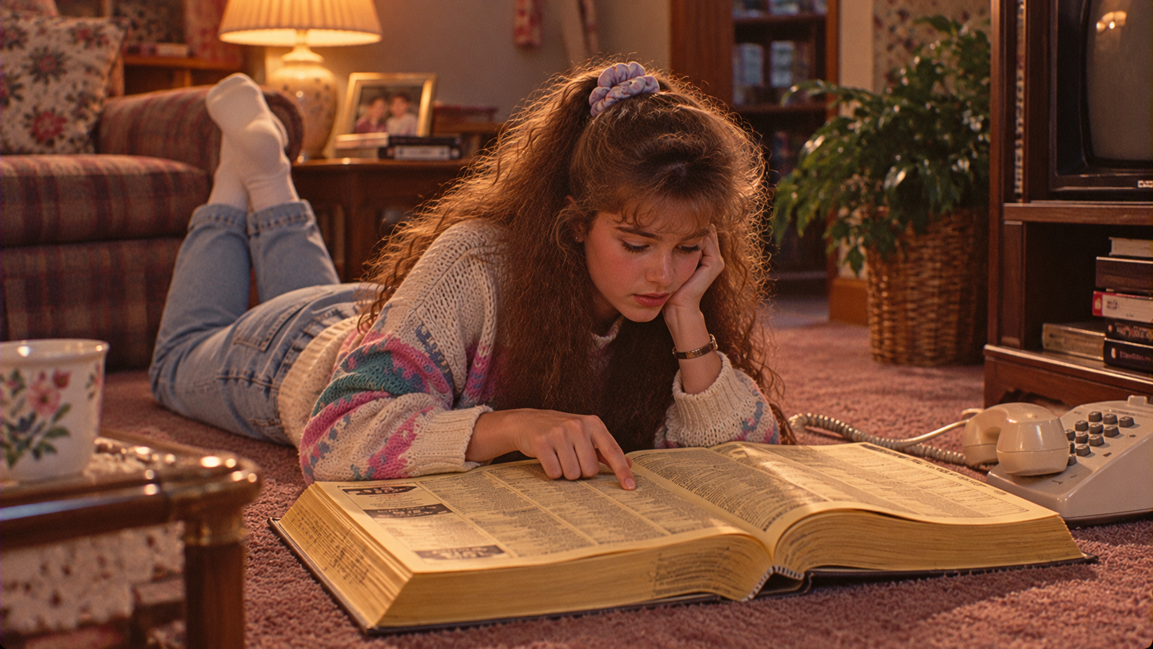 A teenage girl with long, curly hair lies on the carpet and points to a page in a large, open phone book.