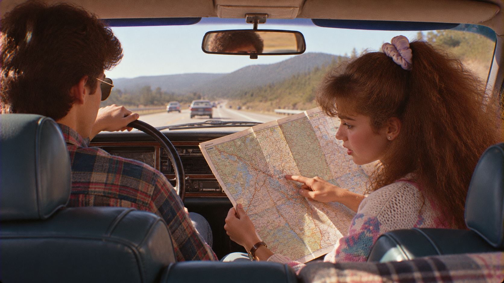 A young man driving a car and a young woman in the passenger seat pointing at a large paper map.
