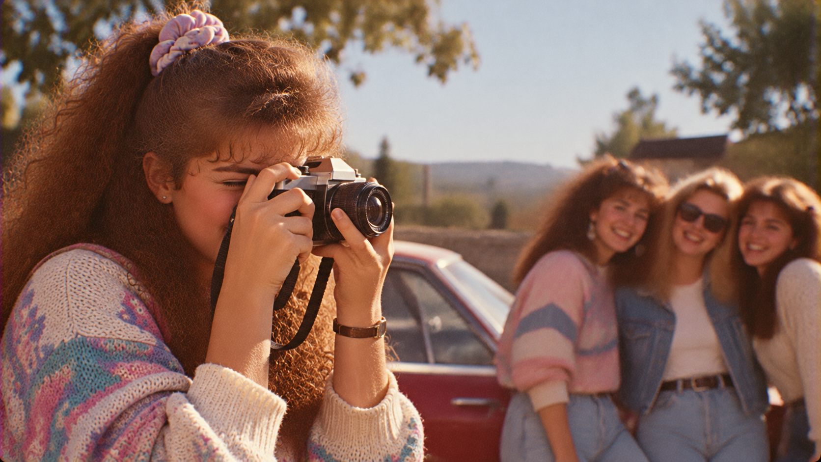 A young woman with curly hair holds a camera to her face to take a photo of three friends posing near a car.