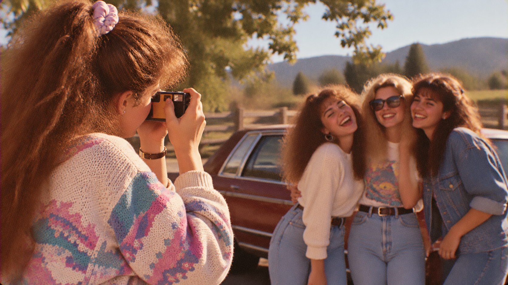 A young woman uses a vintage film camera to photograph three friends posing together outdoors near a car.