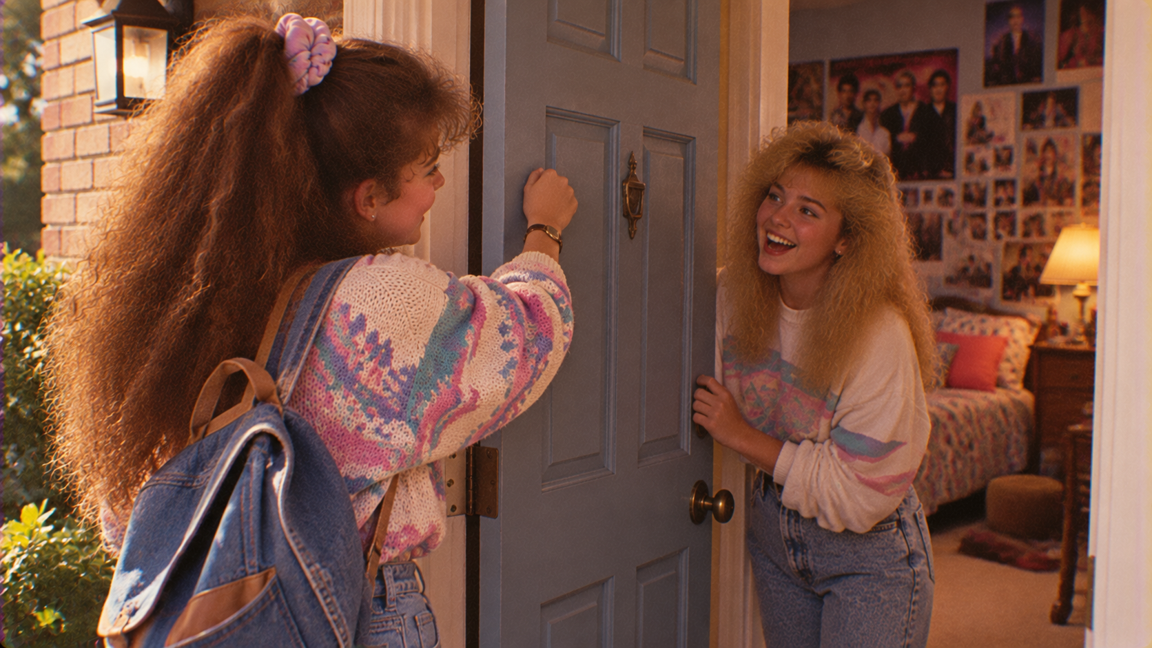 A girl with a backpack knocks on a front door as a smiling girl opens it from inside a bedroom decorated with posters.