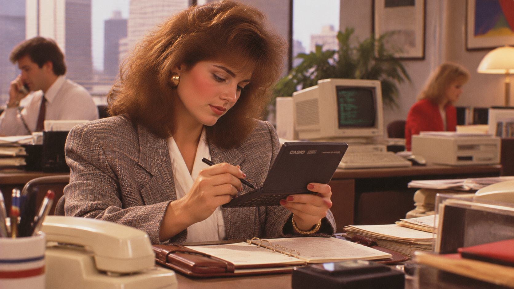 A woman in 1980s business attire uses a digital organizer at her desk, surrounded by office supplies, a rotary phone, and a vintage computer, while colleagues work in the background.
