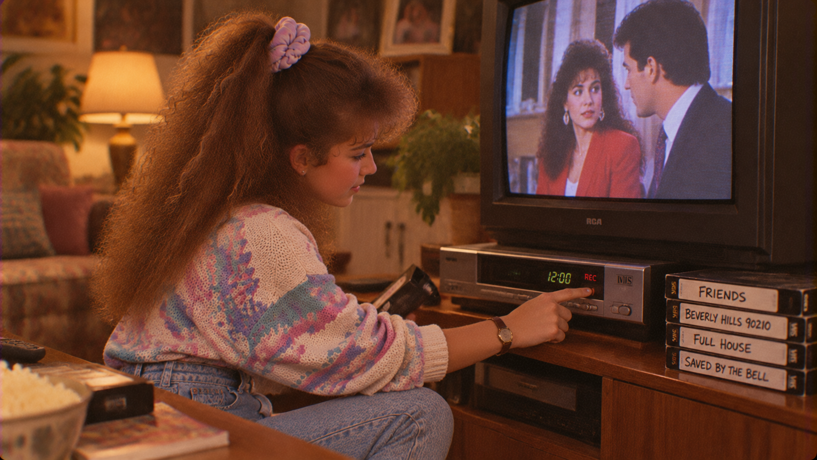 A young woman with a high ponytail presses the record button on a VCR, with a stack of labeled 90s TV show tapes nearby and a television playing a scene from a drama.
