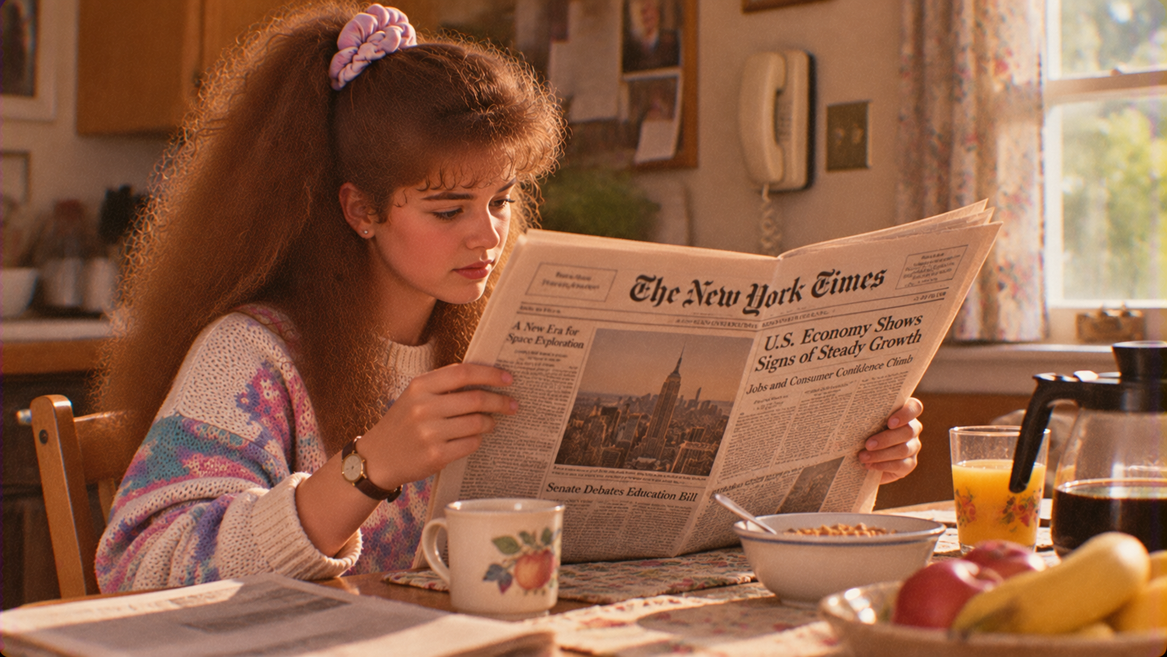 A young woman with a high ponytail sits at a kitchen table reading The New York Times newspaper.