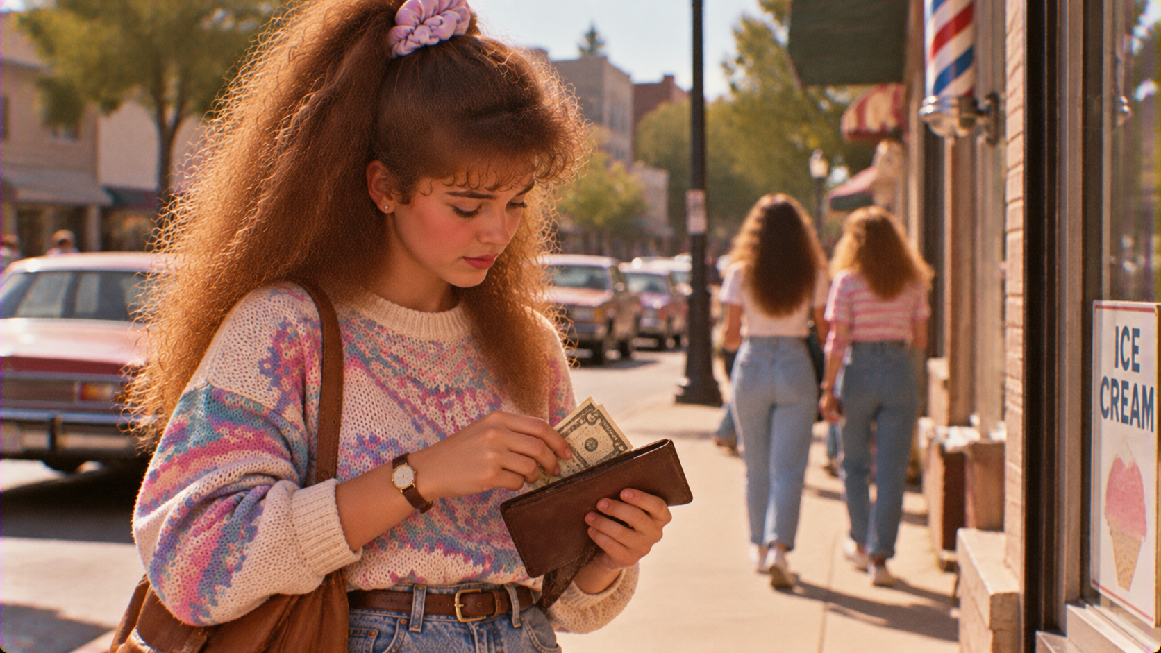 A young woman with a high ponytail pulls a dollar bill from her wallet while standing on a sidewalk near an ice cream shop.