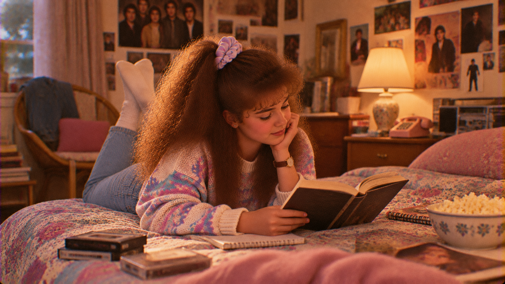 A teenage girl with a high ponytail lying on her bed reading a book, surrounded by a bowl of popcorn and cassette tapes in a 1980s-style bedroom.