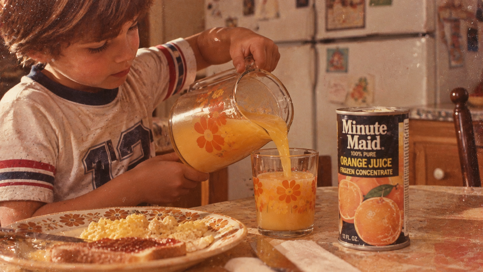 A child pours orange juice from a vintage floral glass pitcher into a matching glass, with a can of Minute Maid frozen orange juice concentrate sitting on the table.