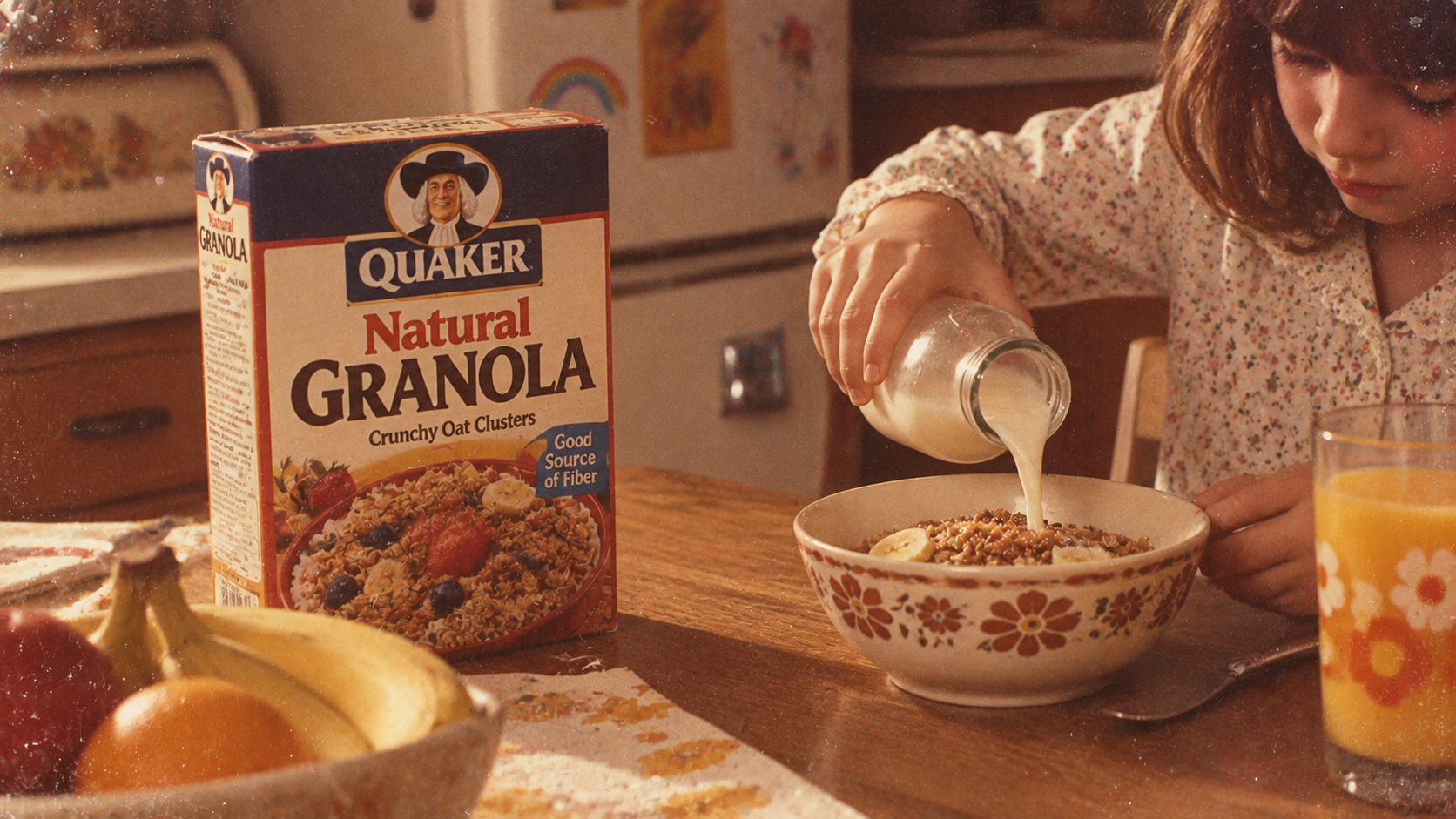 A child pours milk from a small glass bottle into a bowl of Quaker Natural Granola.