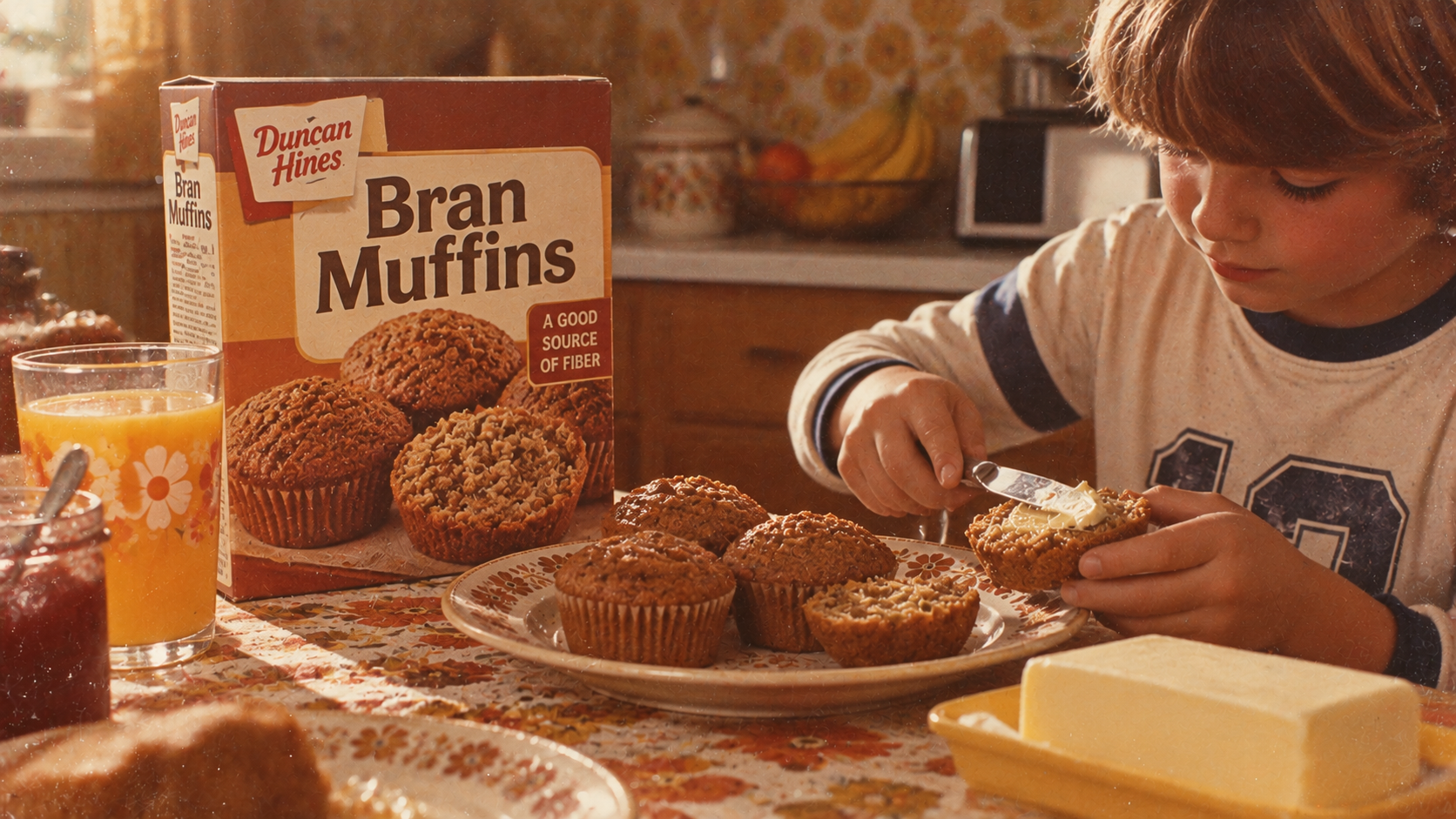 A child spreads butter on a muffin at a kitchen table next to a box of Duncan Hines Bran Muffins.