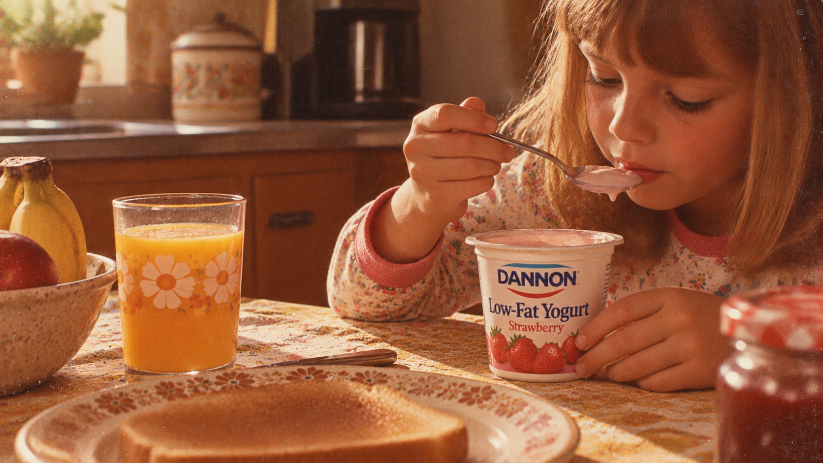 A young girl eating Dannon strawberry low-fat yogurt at a kitchen table set with toast and a glass of orange juice.