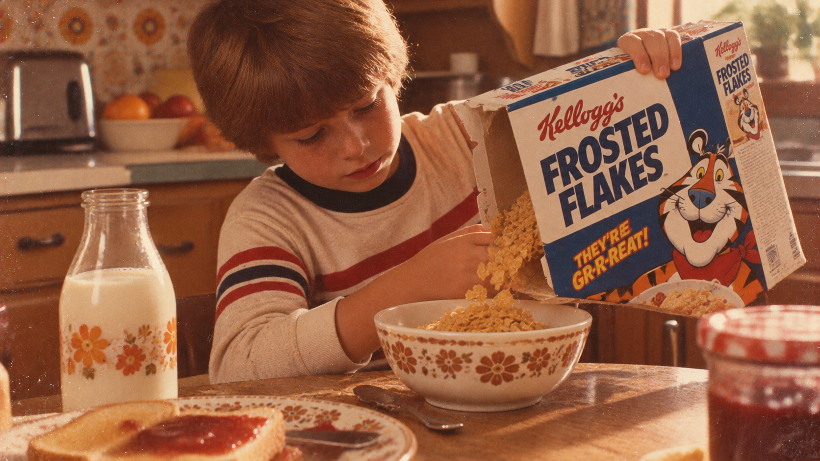 A young boy pours a box of Kellogg’s Frosted Flakes into a floral bowl at a kitchen table.