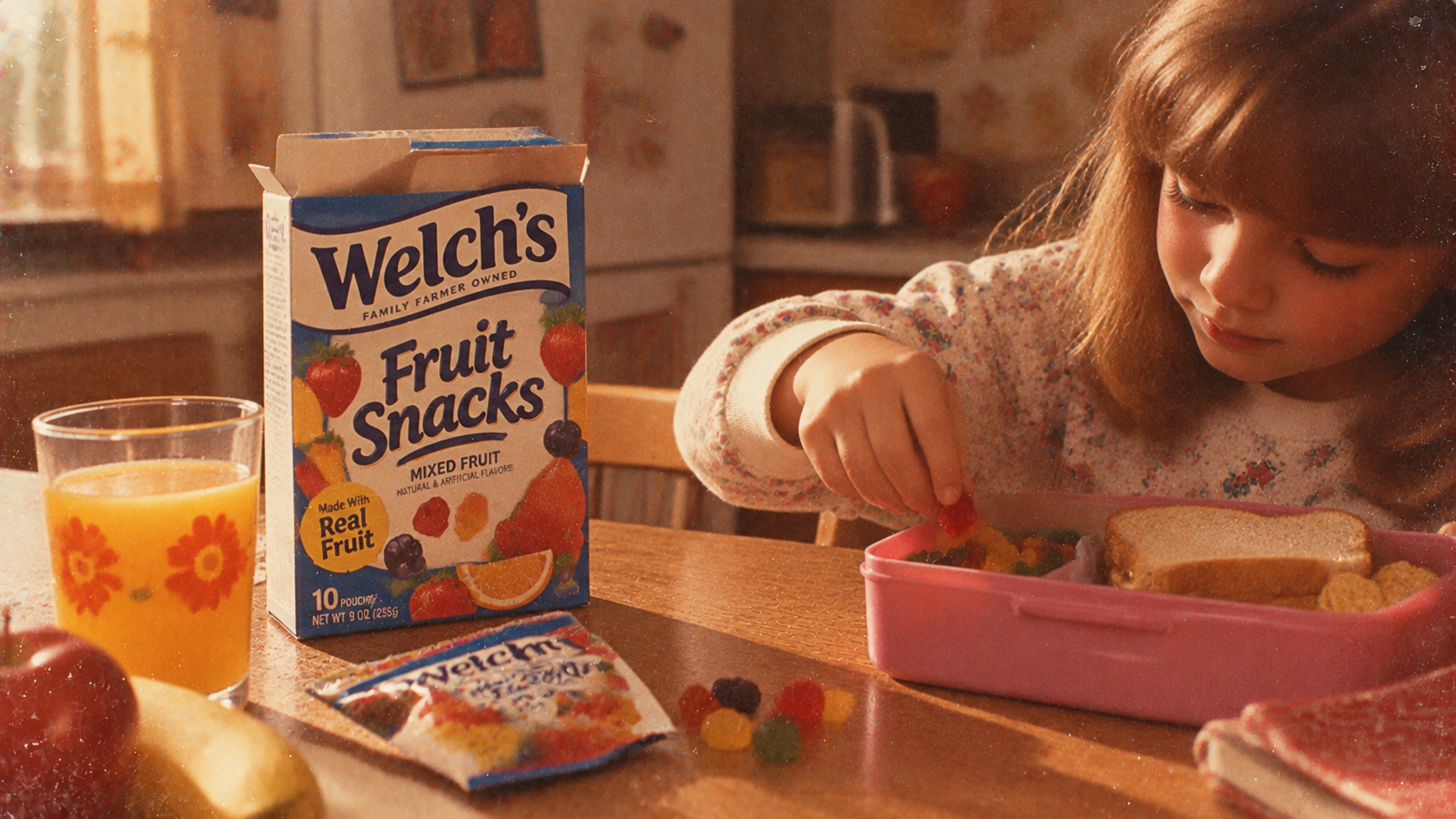 A girl sitting at a table eating Welch’s fruit snacks from a lunchbox next to a box of the snacks and a glass of orange juice.