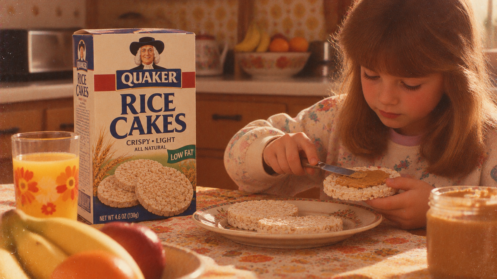 A young girl sits at a kitchen table spreading peanut butter on a Quaker rice cake next to a box of the same product, a glass of orange juice, and a bowl of fruit.