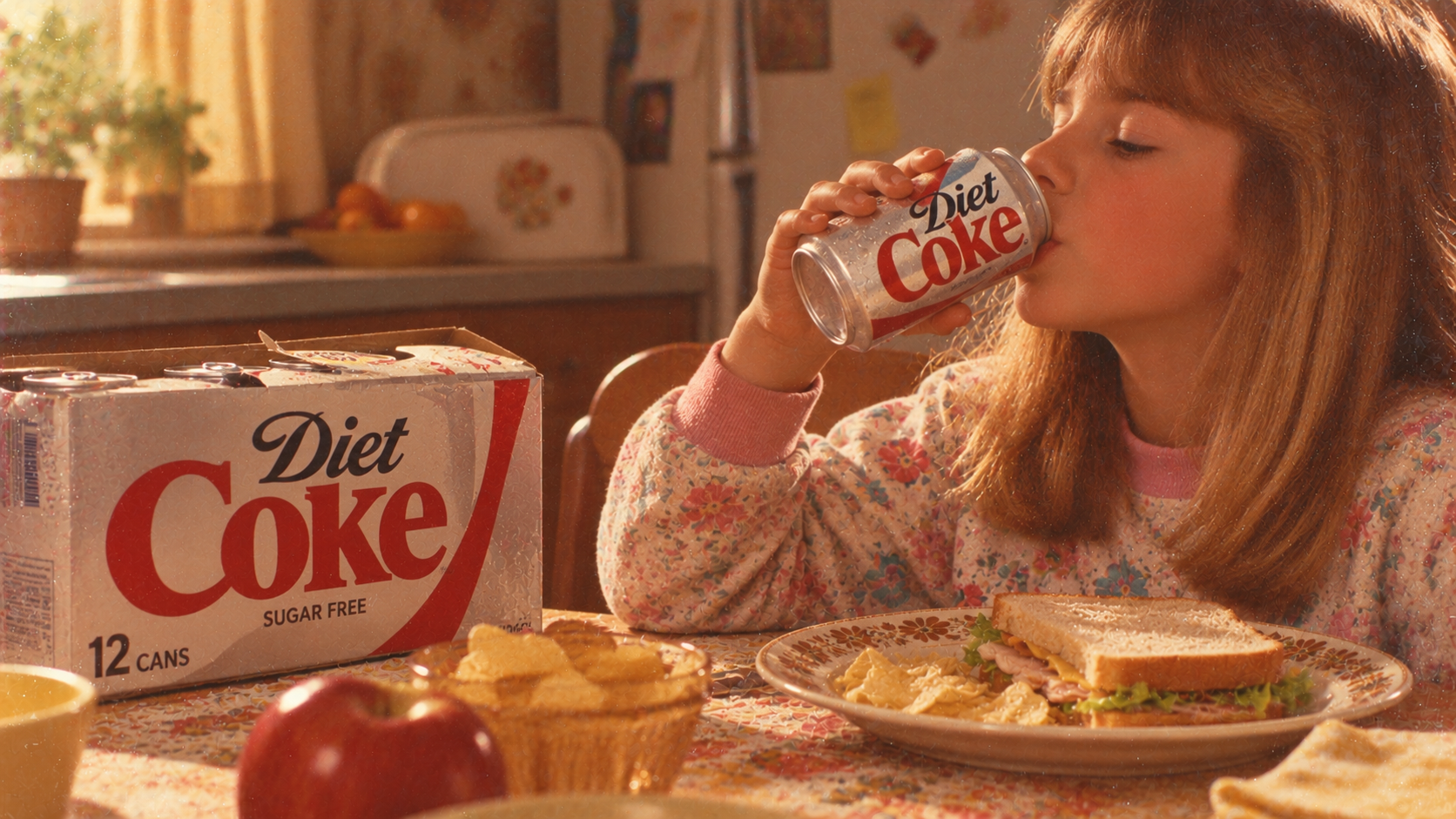 A young girl at a kitchen table drinks from a Diet Coke can next to a 12-pack case, a sandwich, and an apple.