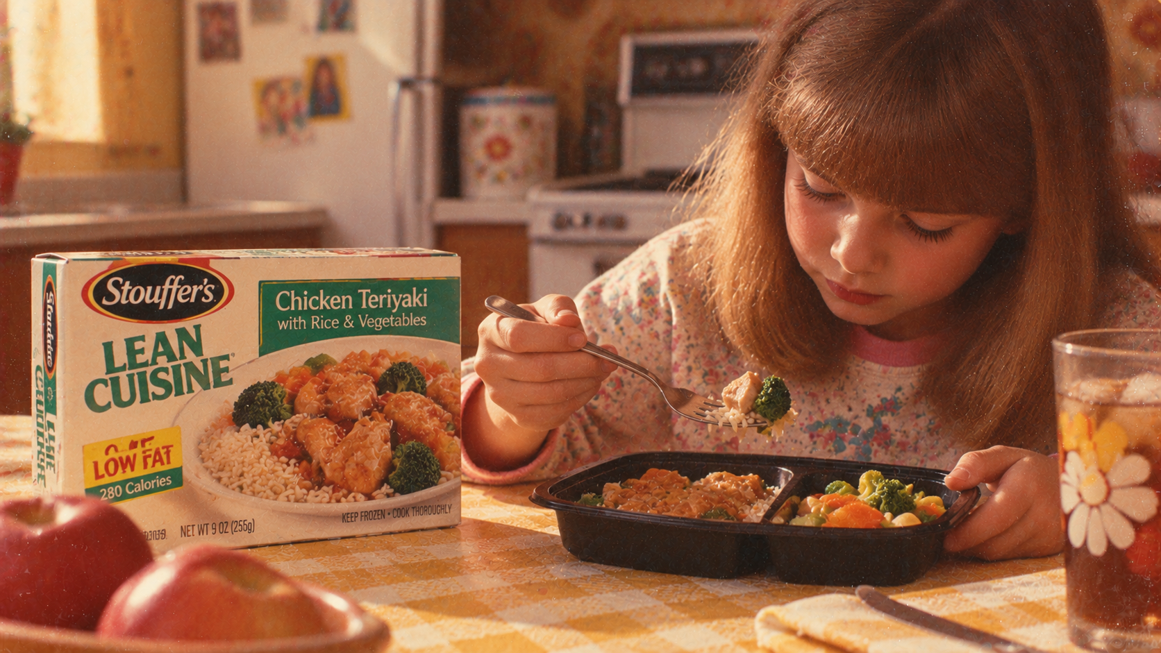A young girl eats a Stouffer’s Lean Cuisine chicken teriyaki frozen meal at a kitchen table.