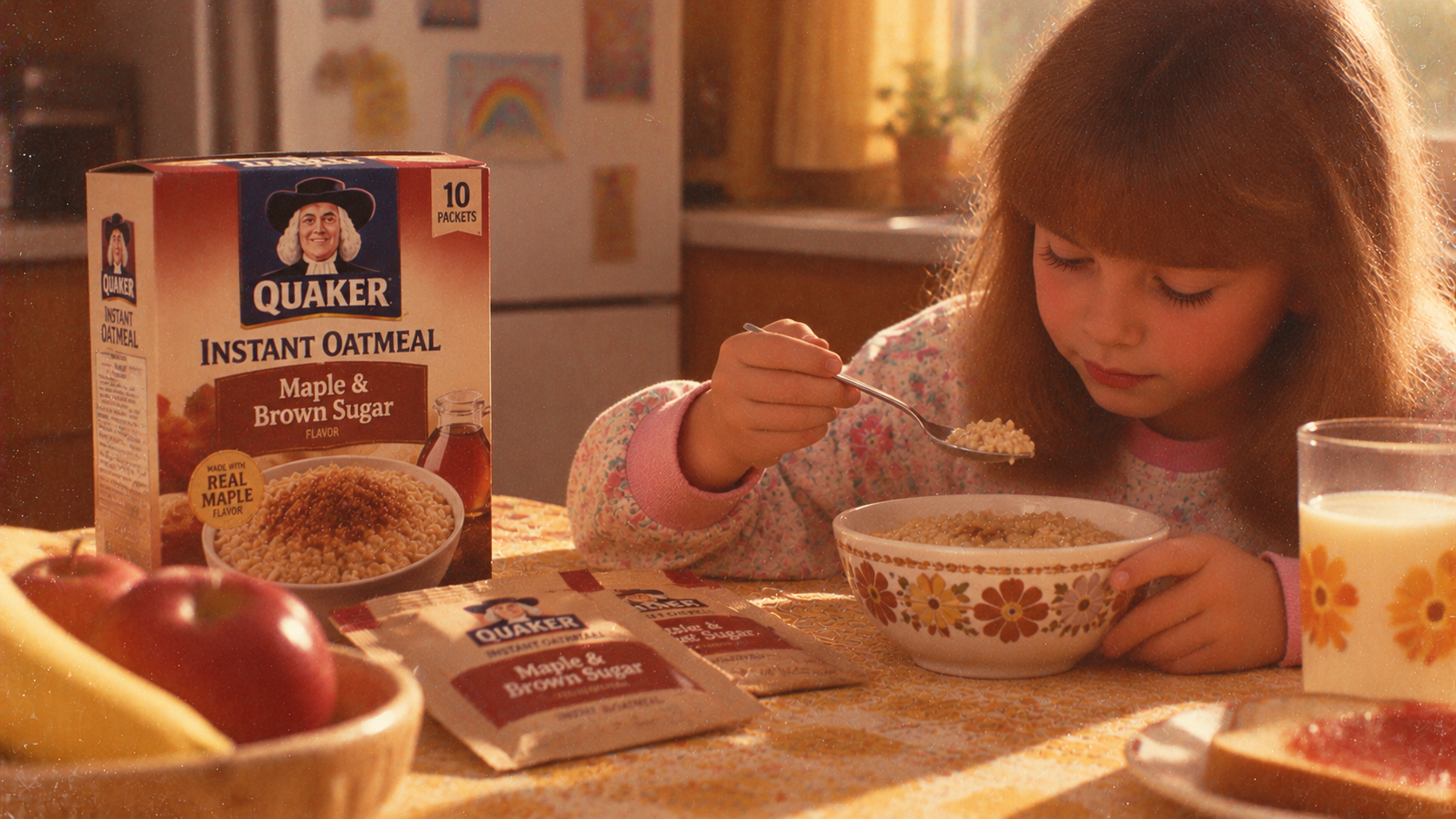 A young girl eating a bowl of Quaker Maple & Brown Sugar instant oatmeal at a breakfast table.