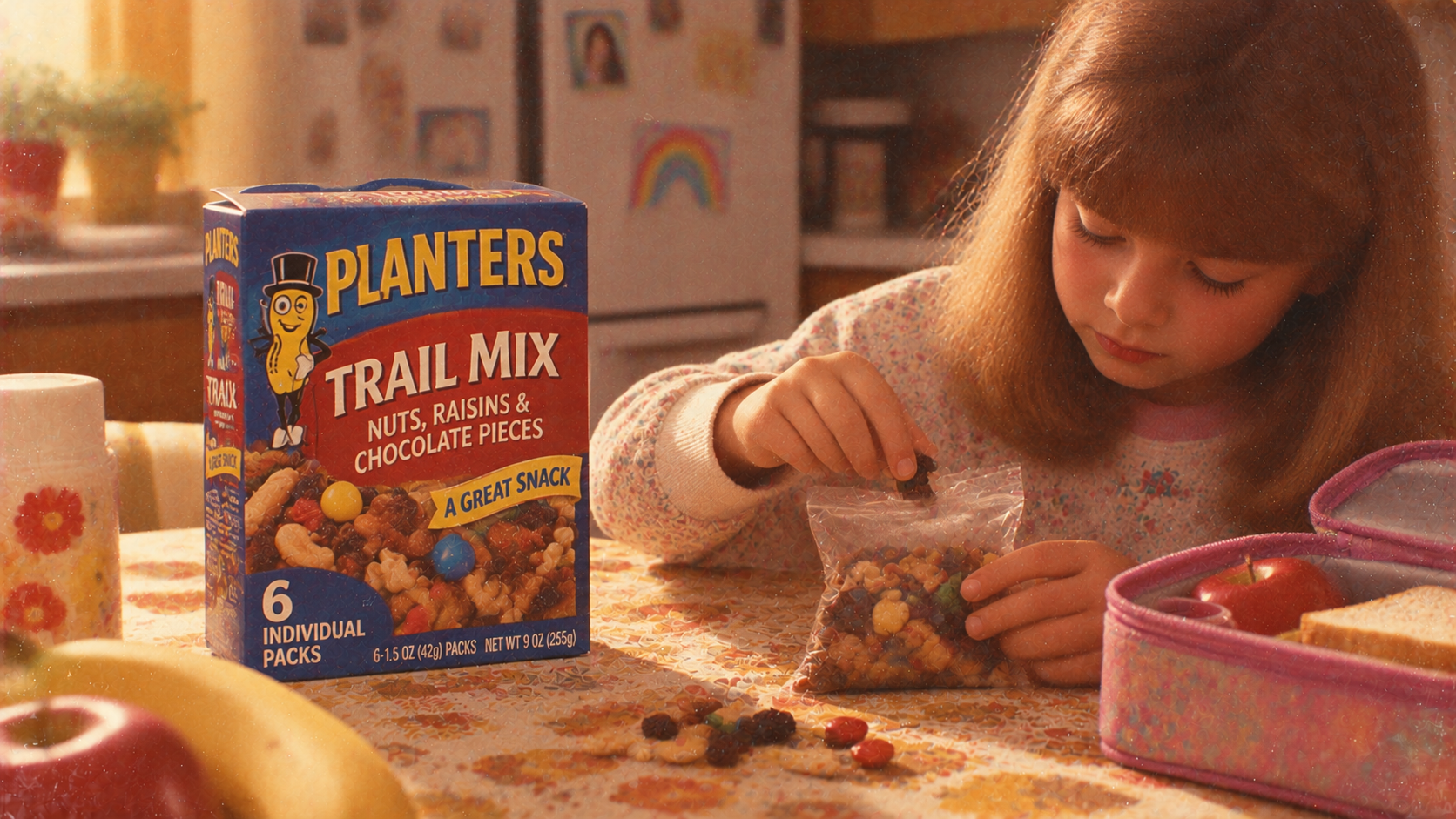 A young girl sits at a kitchen table putting trail mix from a box of Planters into a small plastic bag.