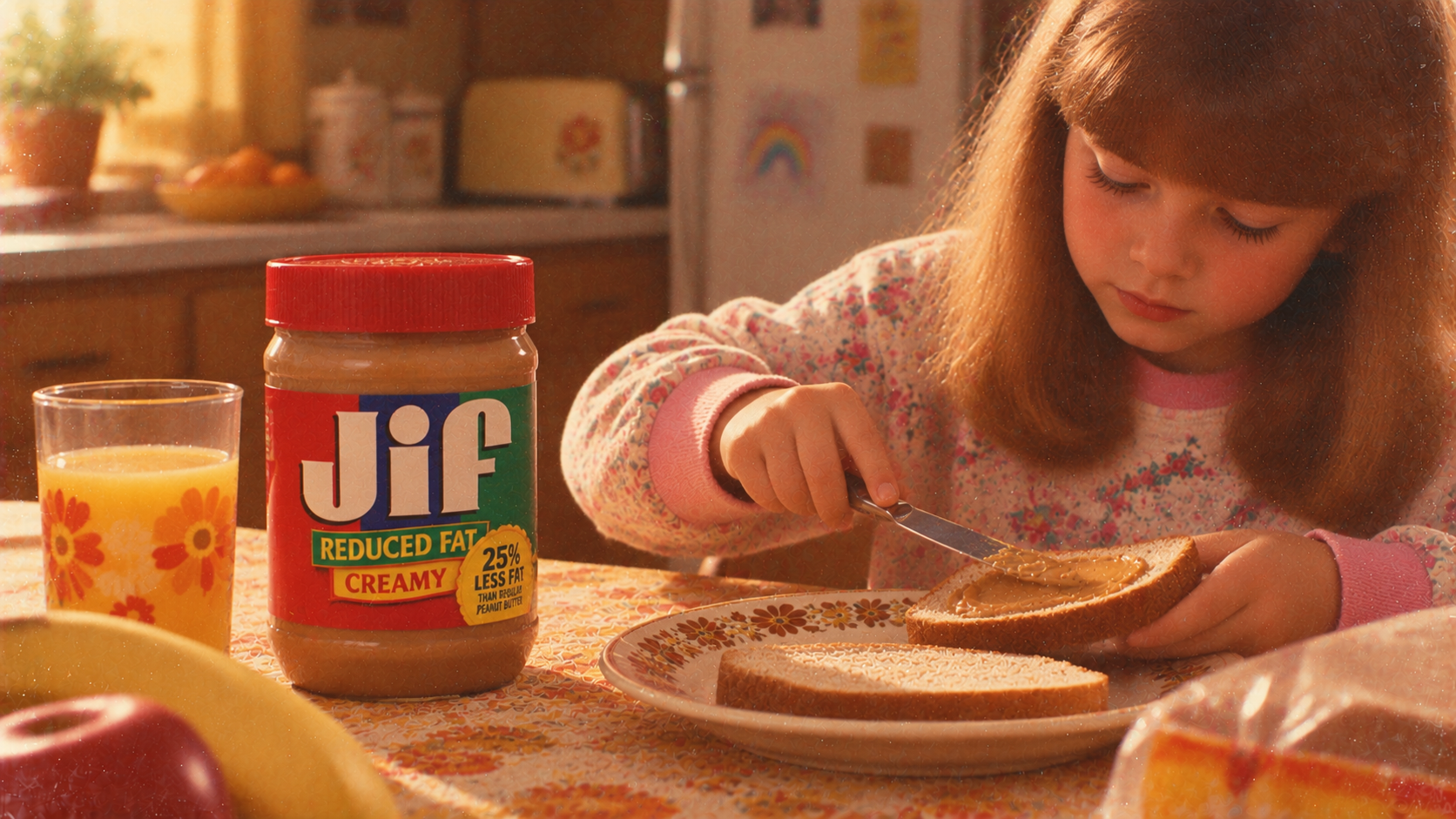 A young girl spreads Jif Reduced Fat Creamy peanut butter on a slice of bread at a kitchen table.