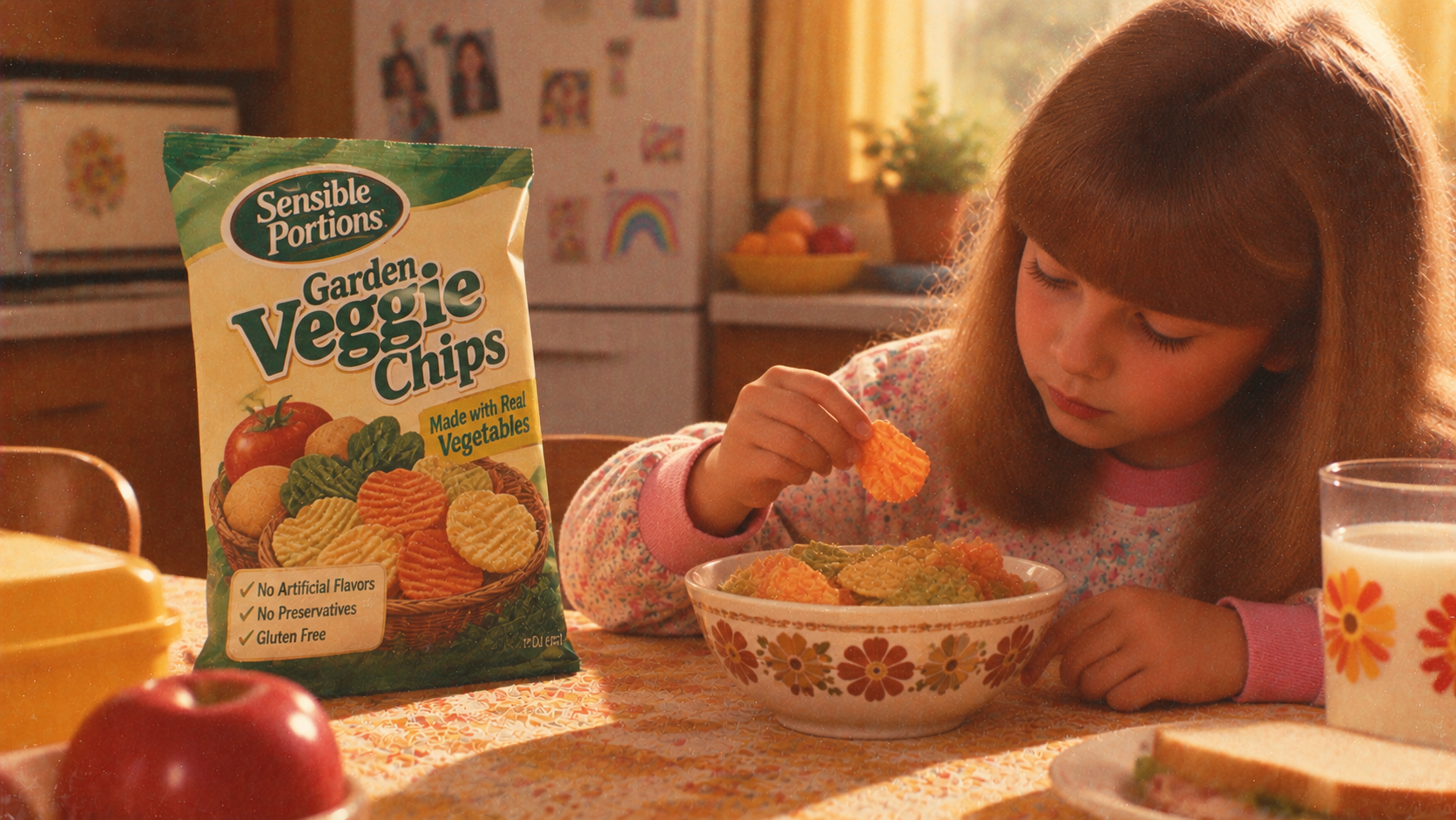 A young girl eating from a bowl of Garden Veggie Chips next to a bag of the product.
