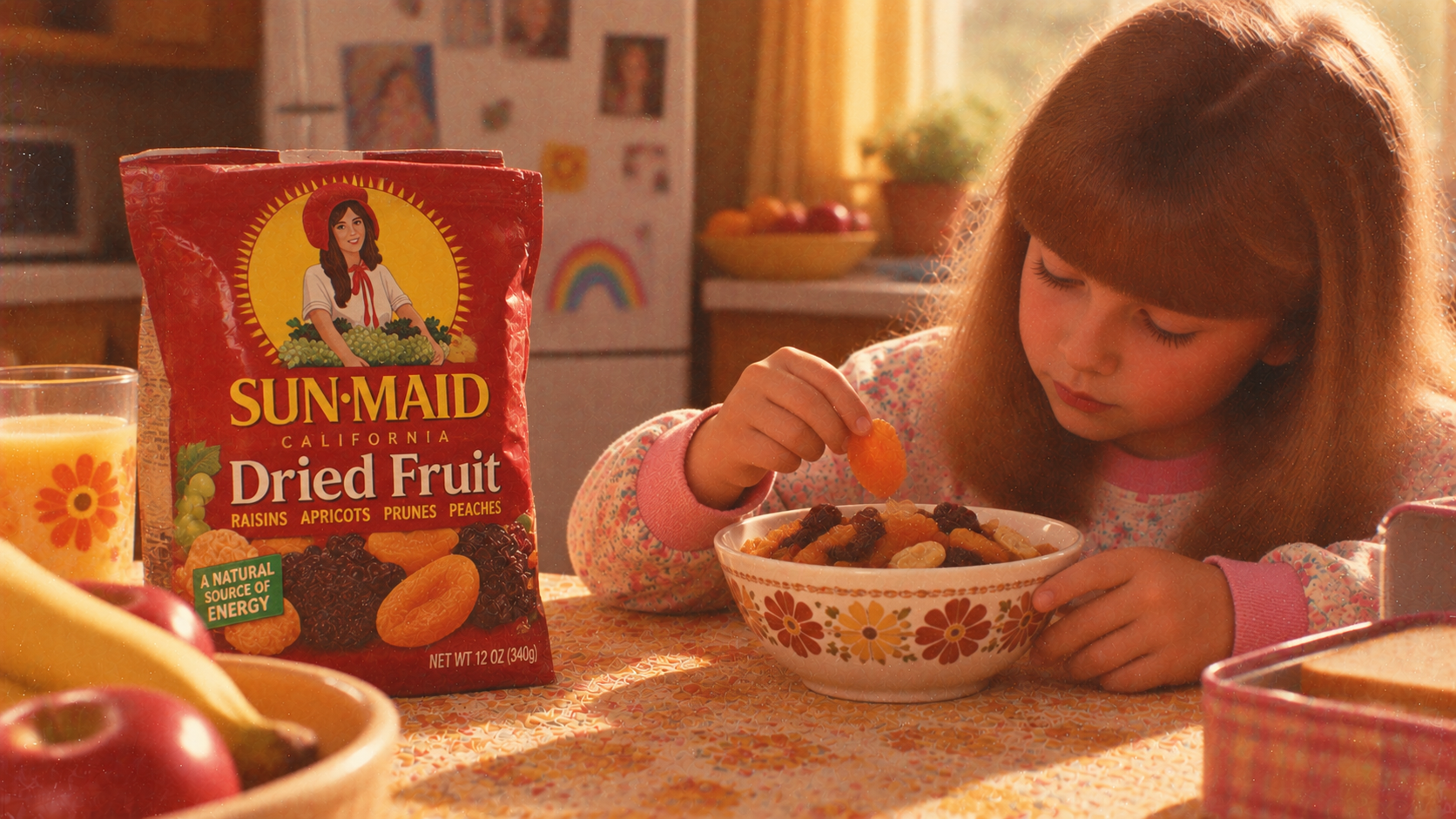 A young girl eats dried fruit from a bowl next to a bag of Sun-Maid dried fruit at a kitchen table.