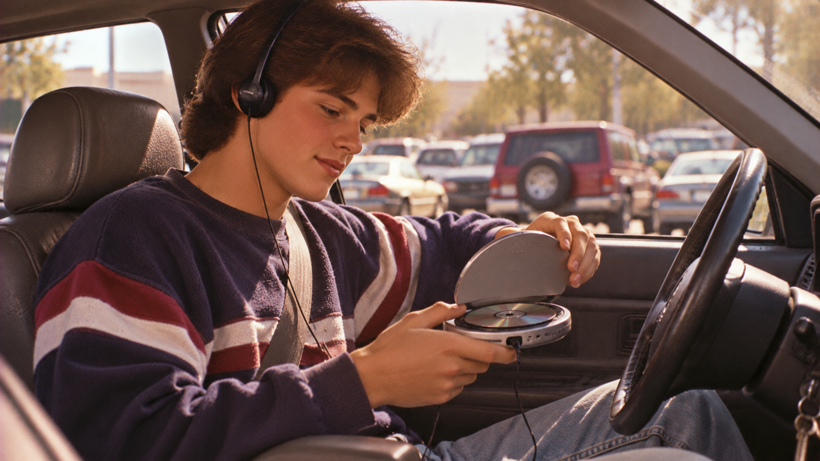 A young person wearing headphones sits in a car, holding a portable CD player while inserting a disc, parked in a busy lot on a sunny day.