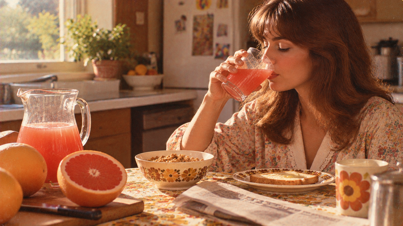 A woman drinks a glass of grapefruit juice at a kitchen table set with a bowl of cereal, toast, and fresh grapefruits.