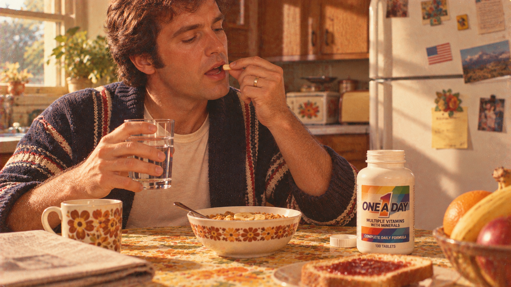 A man sitting at a kitchen table takes a One A Day multivitamin with a glass of water next to his bowl of cereal.