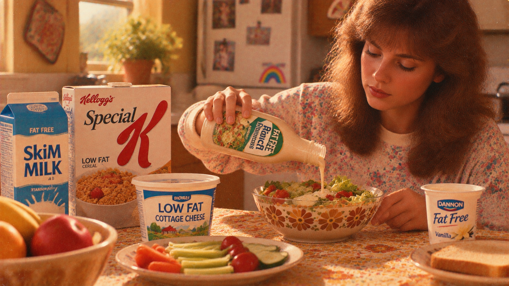 A woman pours dressing onto a salad at a kitchen table set with a box of Special K cereal, a carton of skim milk, a container of cottage cheese, a bowl of vegetables, and a yogurt cup.